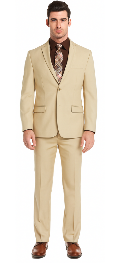Mens 2 Button Slim Fit Rayon Fabric Suit in Beige