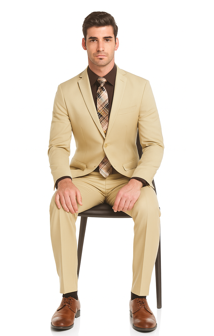 Mens 2 Button Slim Fit Rayon Fabric Suit in Beige