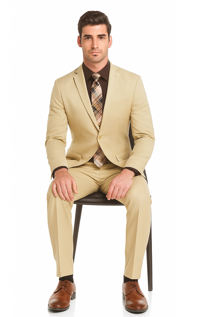 Mens 2 Button Slim Fit Rayon Fabric Suit in Beige