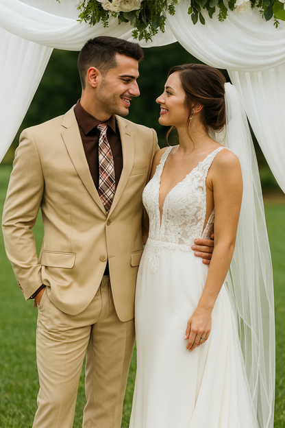 Mens 2 Button Slim Fit Rayon Fabric Suit in Beige