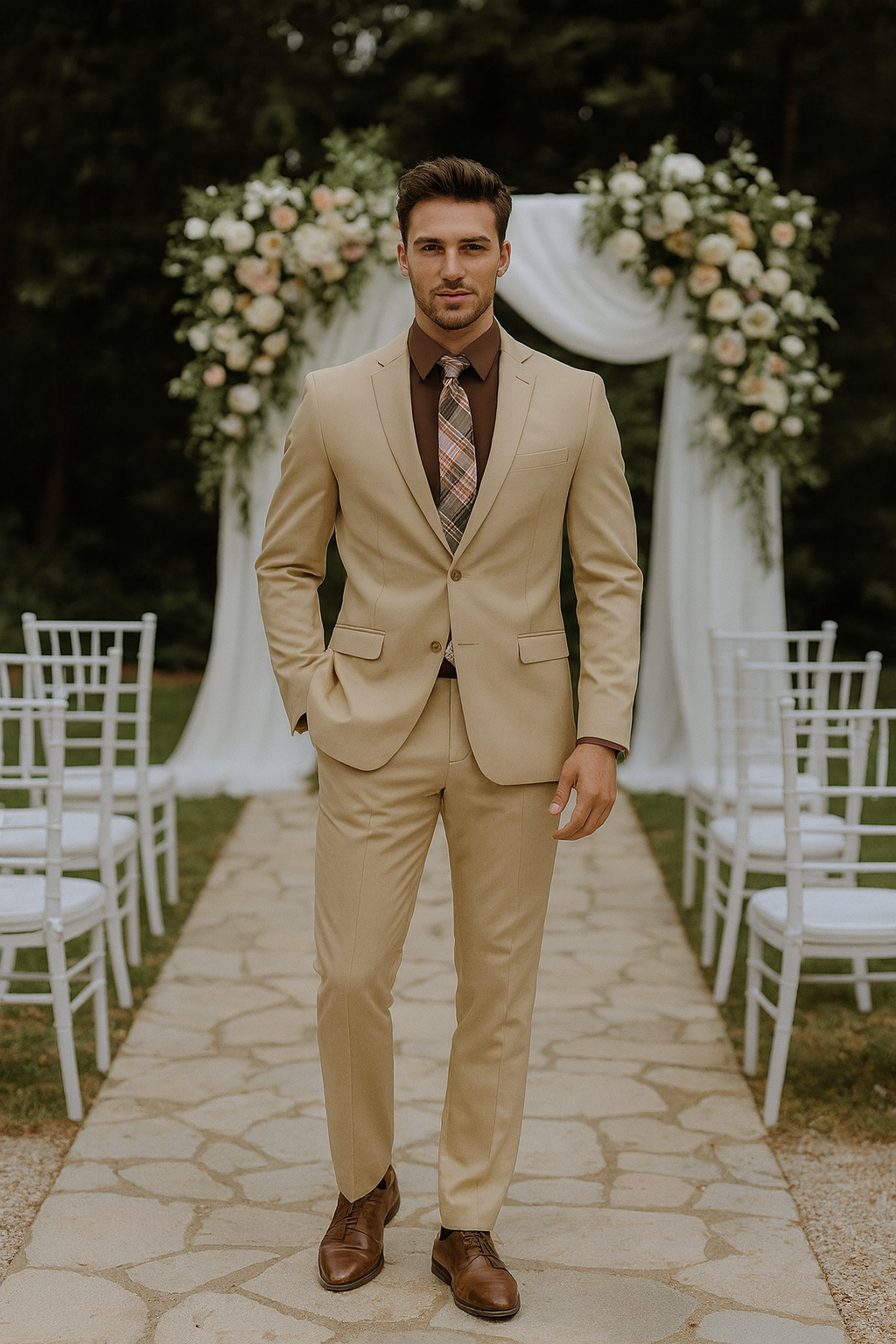 Mens 2 Button Slim Fit Rayon Fabric Suit in Beige