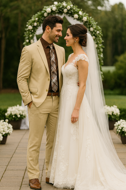 Mens 2 Button Slim Fit Rayon Fabric Suit in Beige