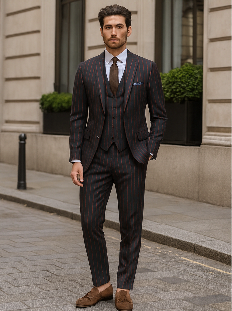 Mens 2 Button Vested 3 Piece Gangster Bold Pinstripe Suit in Burgundy 1 NO-8532  - from alligatorwarehouse.com