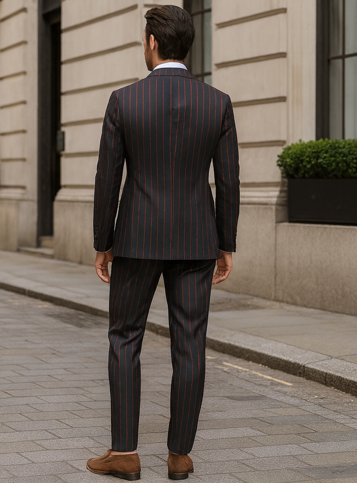 Mens 2 Button Vested 3 Piece Gangster Bold Pinstripe Suit in Burgundy