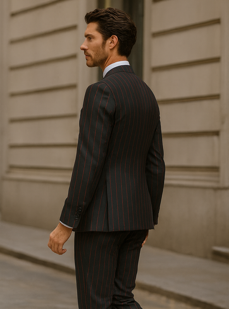 Mens 2 Button Vested 3 Piece Gangster Bold Pinstripe Suit in Burgundy 3 NO-8532  - from alligatorwarehouse.com