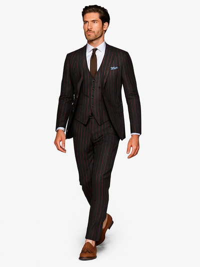 Mens 2 Button Vested 3 Piece Gangster Bold Pinstripe Suit in Burgundy 6 NO-8532  - from alligatorwarehouse.com
