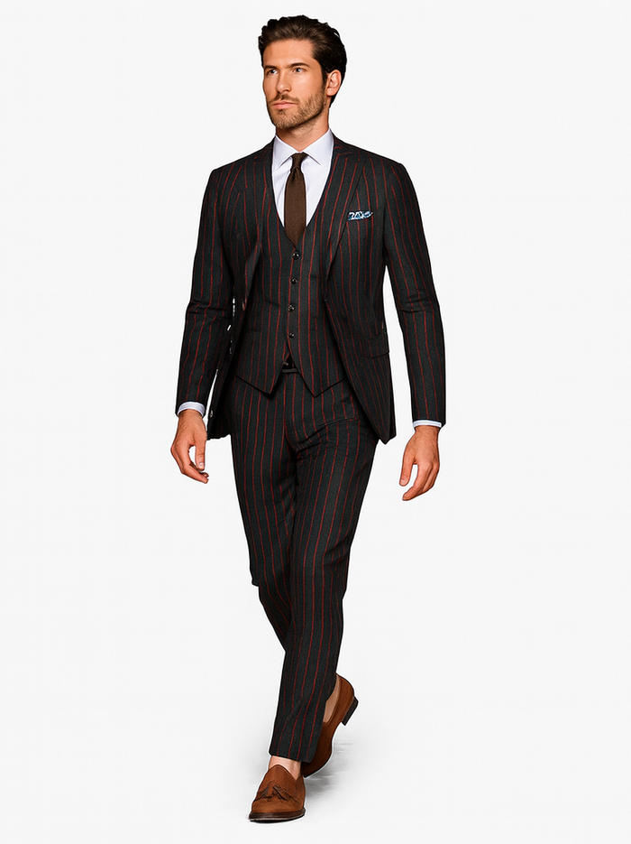 Mens 2 Button Vested 3 Piece Gangster Bold Pinstripe Suit in Burgundy