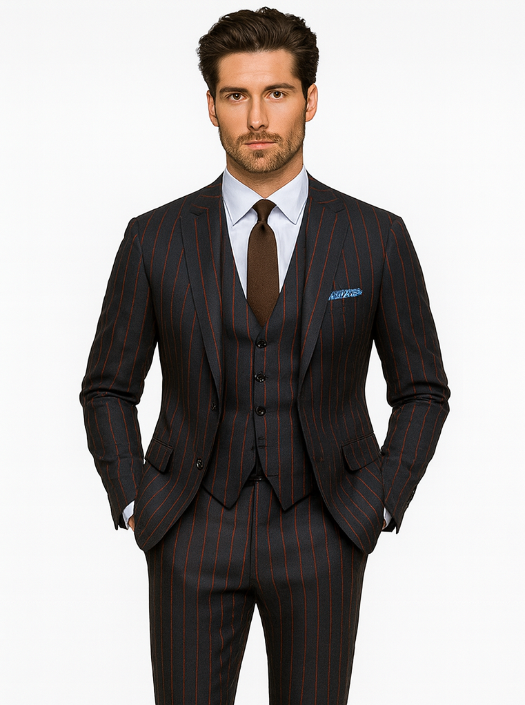 Mens 2 Button Vested 3 Piece Gangster Bold Pinstripe Suit in Burgundy 7 NO-8532  - from alligatorwarehouse.com