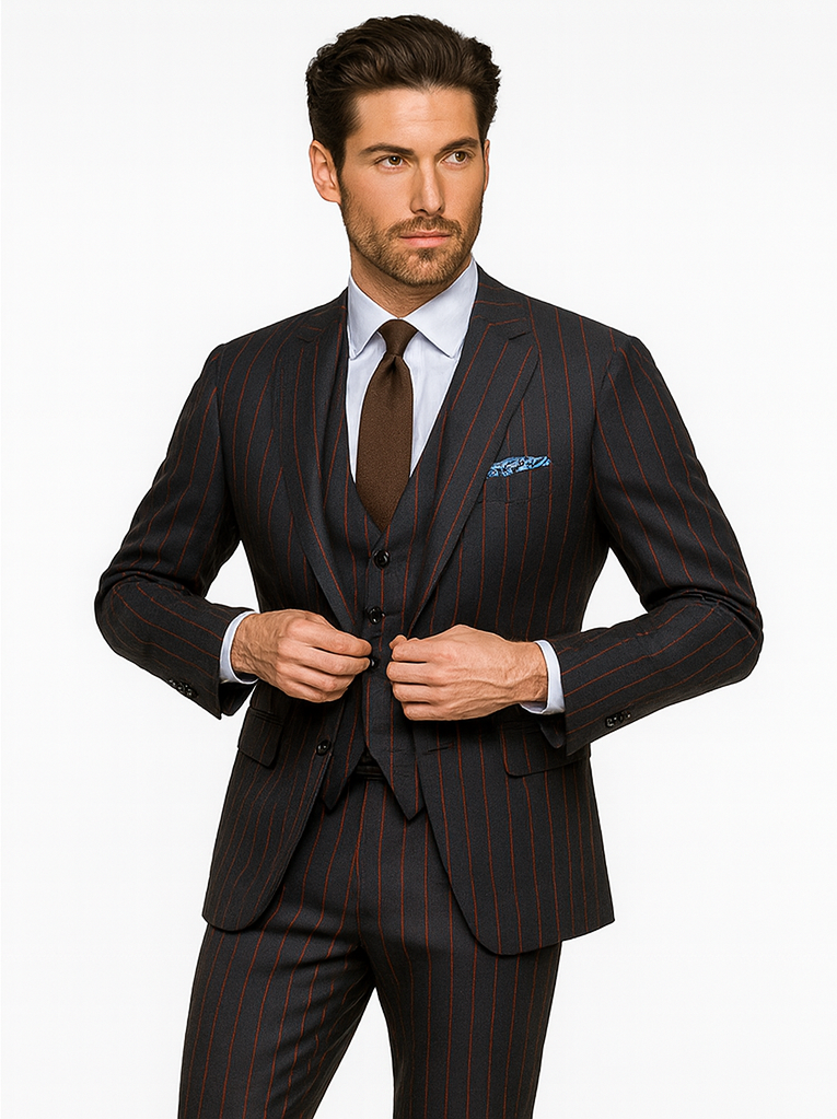 Mens 2 Button Vested 3 Piece Gangster Bold Pinstripe Suit in Burgundy