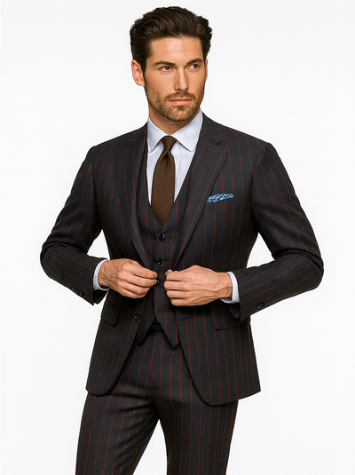 Mens 2 Button Vested 3 Piece Gangster Bold Pinstripe Suit in Burgundy 8 NO-8532  - from alligatorwarehouse.com