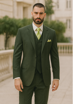 Mens 2 Button Vested Basic Wool Feel Suit in Olive
