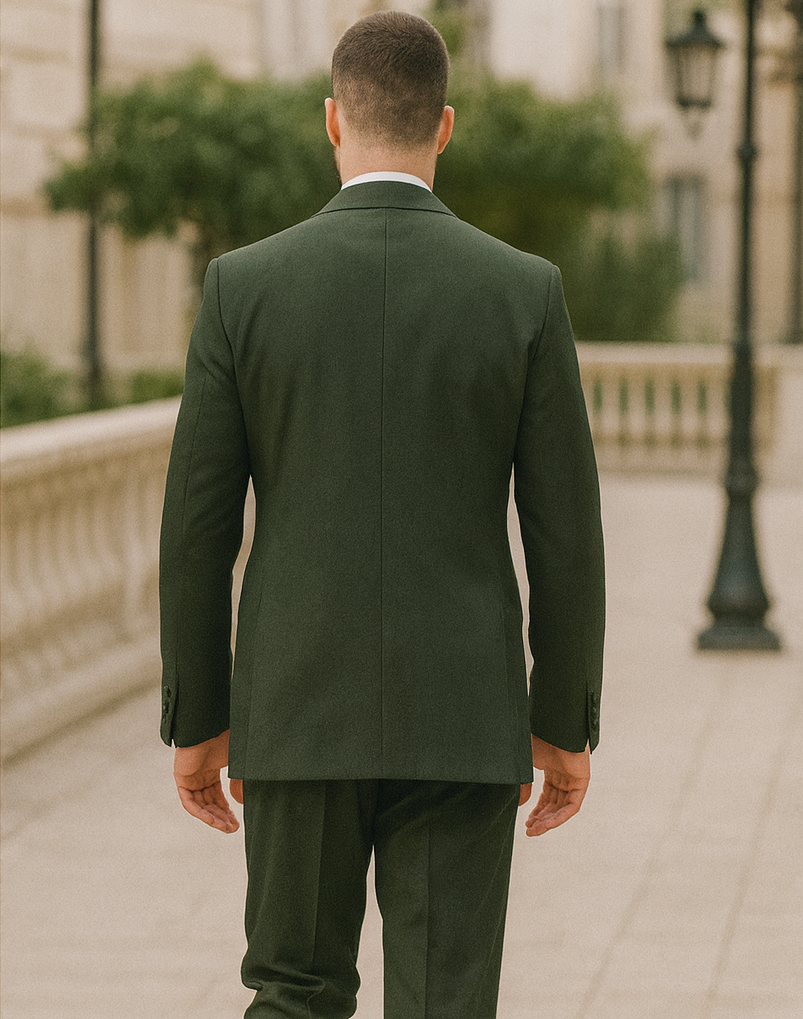 Mens 2 Button Vested Basic Wool Feel Suit in Olive