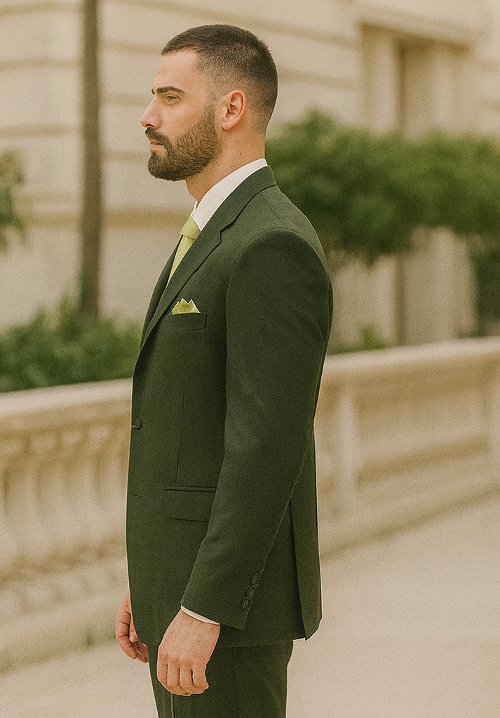 Mens 2 Button Vested Basic Wool Feel Suit in Olive