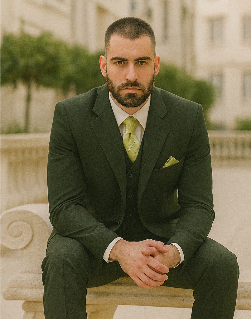 Mens 2 Button Vested Basic Wool Feel Suit in Olive