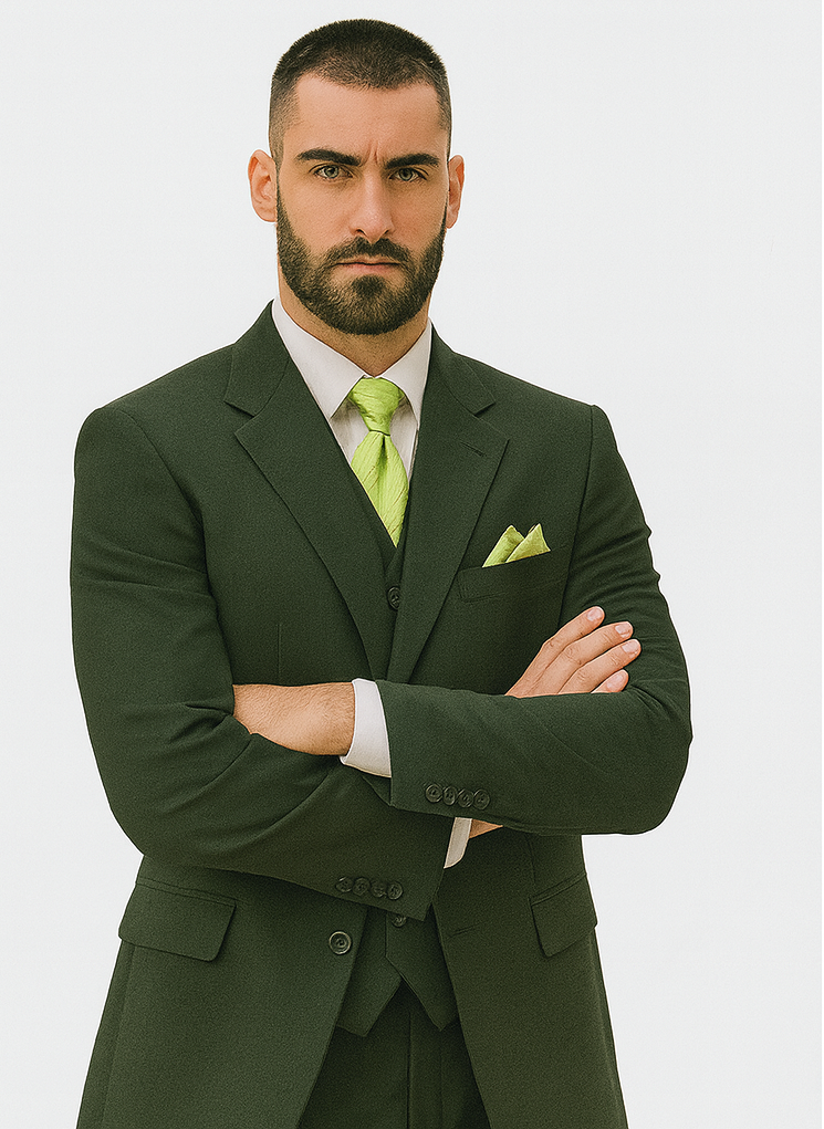 Mens 2 Button Vested Basic Wool Feel Suit in Olive