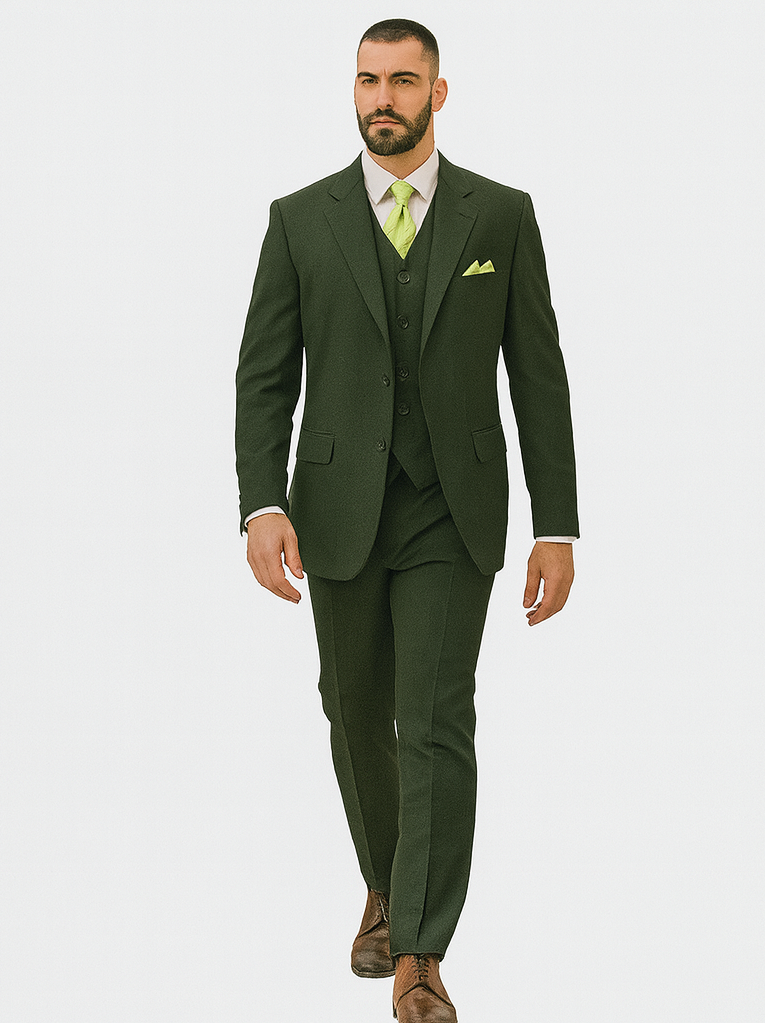 Mens 2 Button Vested Basic Wool Feel Suit in Olive