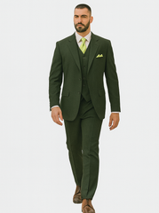 Mens 2 Button Vested Basic Wool Feel Suit in Olive