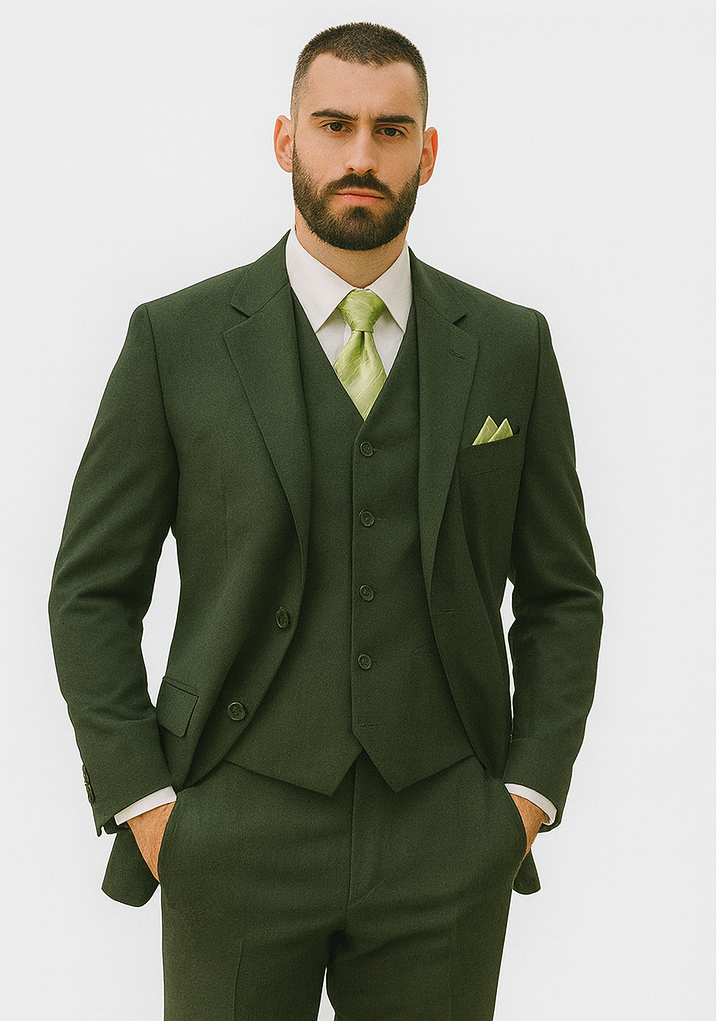 Mens 2 Button Vested Basic Wool Feel Suit in Olive