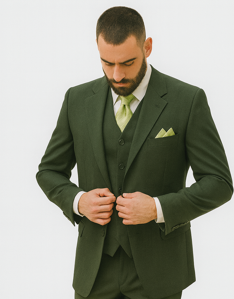 Mens 2 Button Vested Basic Wool Feel Suit in Olive