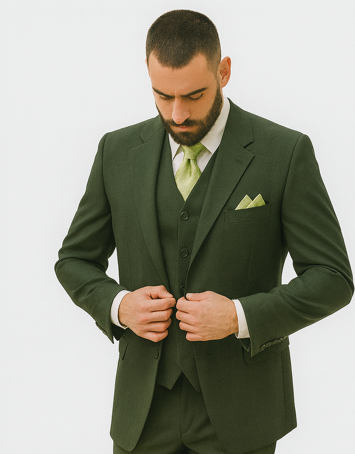 Mens 2 Button Vested Basic Wool Feel Suit in Olive
