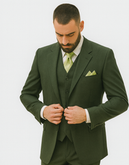 Mens 2 Button Vested Basic Wool Feel Suit in Olive