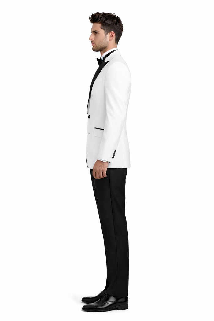 Mens 2 Buttton Slim Contrast Peak Lapel Side Vents Tuxedo in White