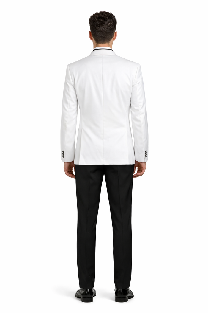 Mens 2 Buttton Slim Contrast Peak Lapel Side Vents Tuxedo in White