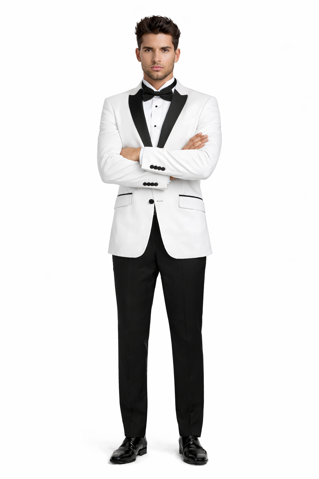 Mens 2 Buttton Slim Contrast Peak Lapel Side Vents Tuxedo in White