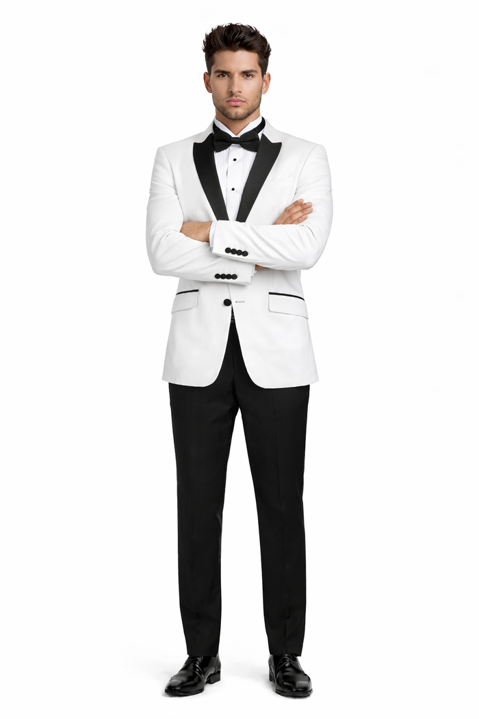 Mens 2 Buttton Slim Contrast Peak Lapel Side Vents Tuxedo in White