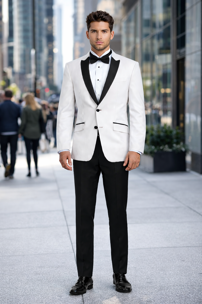 Mens 2 Buttton Slim Contrast Peak Lapel Side Vents Tuxedo in White