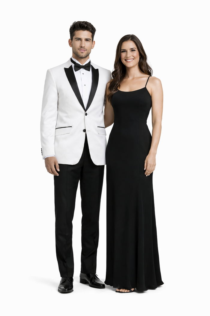 Mens 2 Buttton Slim Contrast Peak Lapel Side Vents Tuxedo in White