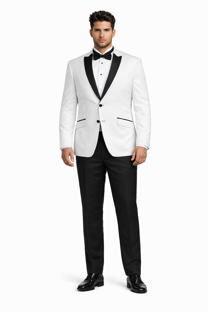 Mens 2 Buttton Slim Contrast Peak Lapel Side Vents Tuxedo in White