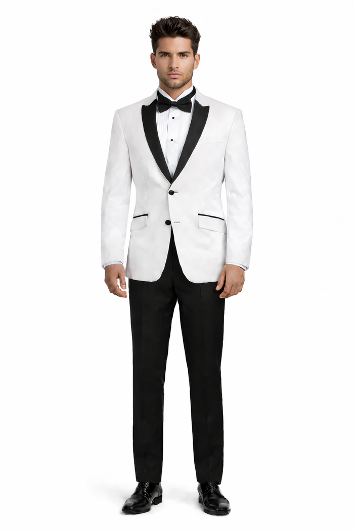 Mens 2 Buttton Slim Contrast Peak Lapel Side Vents Tuxedo in White