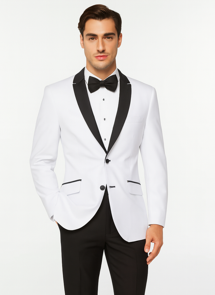 Mens 2 Buttton Slim Contrast Peak Lapel Tuxedo in White