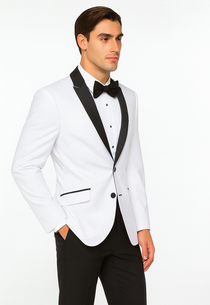 Mens 2 Buttton Slim Contrast Peak Lapel Tuxedo in White