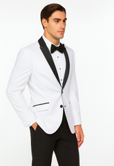 Mens 2 Buttton Slim Contrast Peak Lapel Tuxedo in White