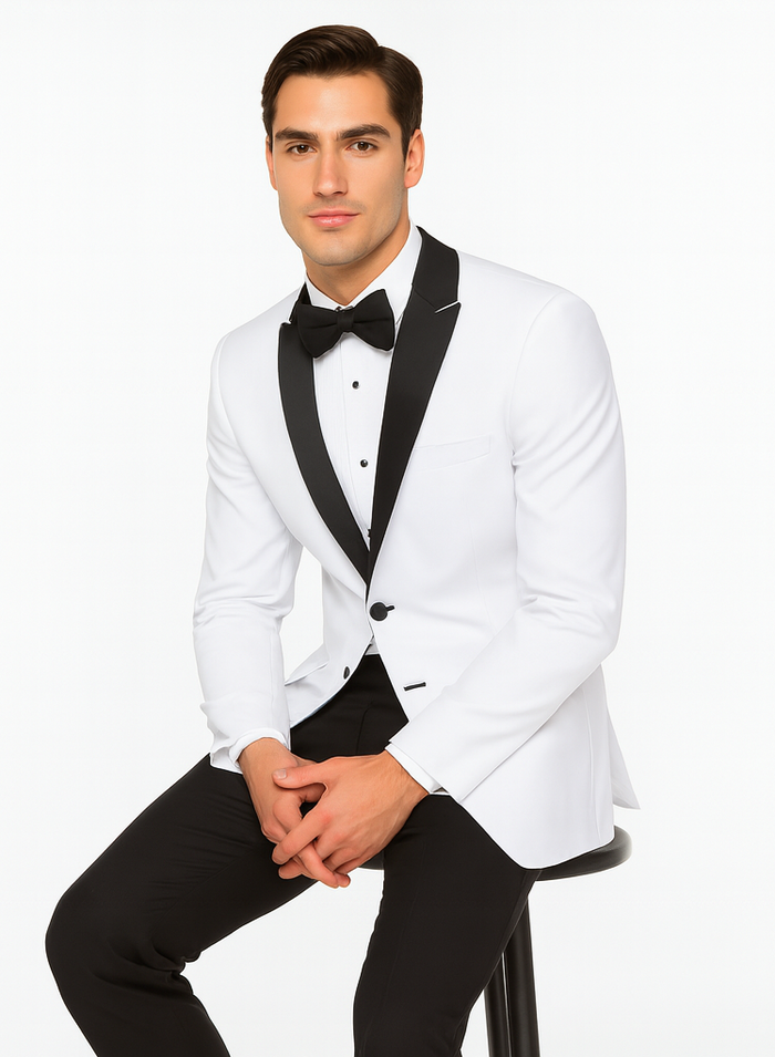 Mens 2 Buttton Slim Contrast Peak Lapel Tuxedo in White