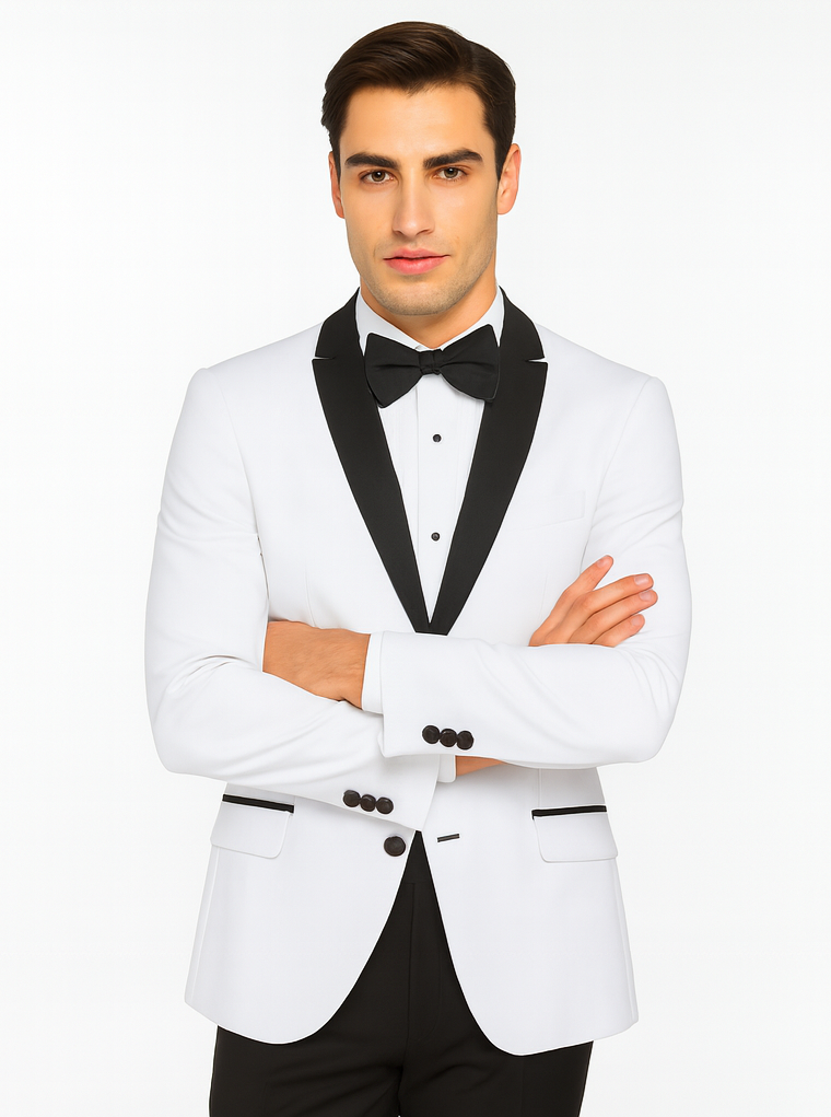 Mens 2 Buttton Slim Contrast Peak Lapel Tuxedo in White