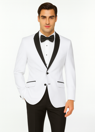 Mens 2 Buttton Slim Contrast Peak Lapel Tuxedo in White 7 SO1S2PS-1_WHITE_40S  - from alligatorwarehouse.com