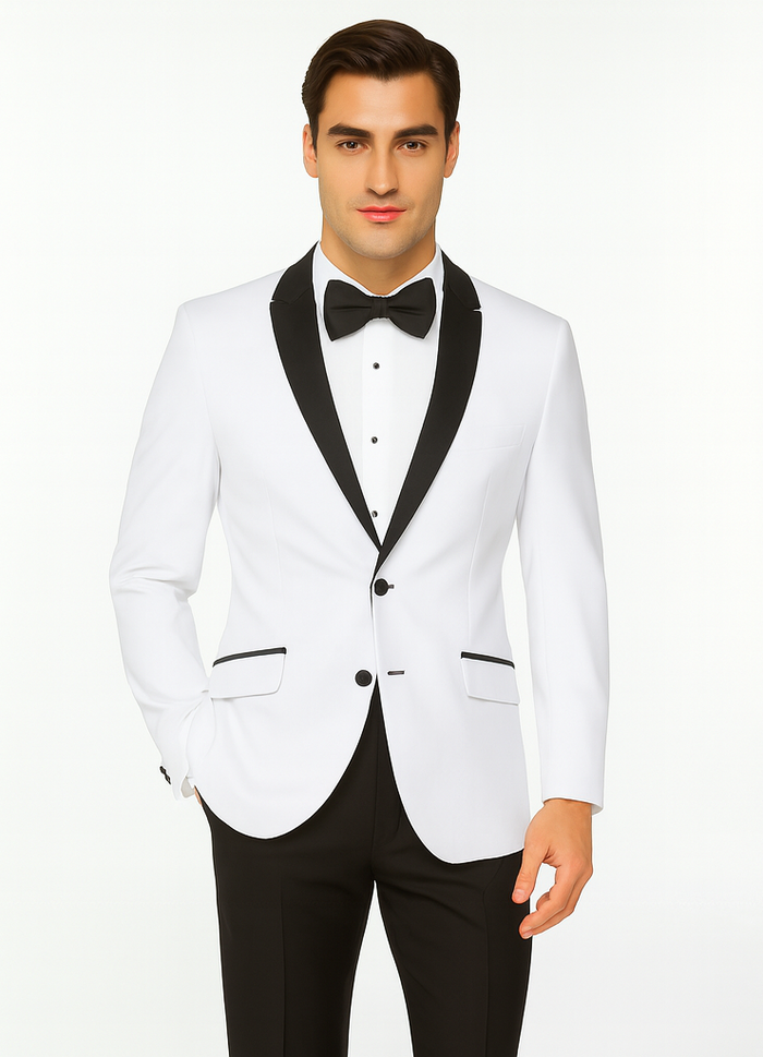 Mens 2 Buttton Slim Contrast Peak Lapel Tuxedo in White