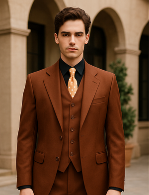 Mens 2 Button Vested Basic Wool Feel Suit in Cognac