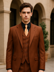 Mens 2 Button Vested Basic Wool Feel Suit in Cognac