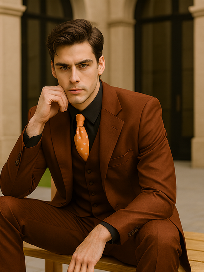 Mens 2 Button Vested Basic Wool Feel Suit in Cognac