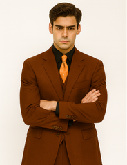 Mens 2 Button Vested Basic Wool Feel Suit in Cognac