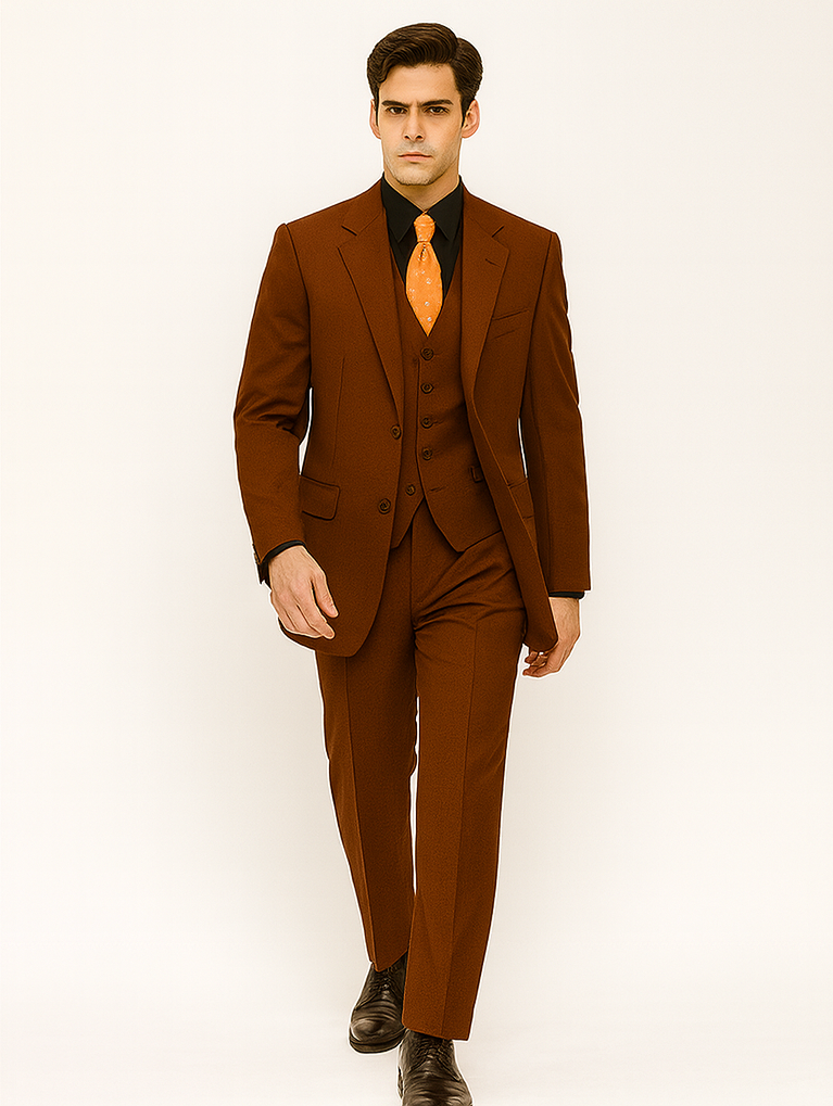 Mens 2 Button Vested Basic Wool Feel Suit in Cognac