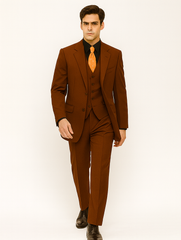 Mens 2 Button Vested Basic Wool Feel Suit in Cognac