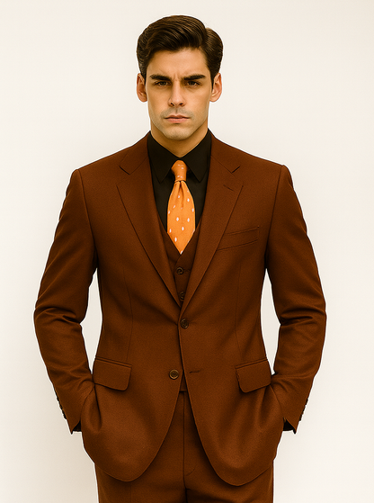Mens 2 Button Vested Basic Wool Feel Suit in Cognac