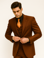 Mens 2 Button Vested Basic Wool Feel Suit in Cognac