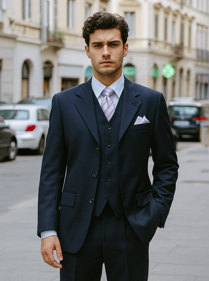 Mens 3 Button Vested Basic Wool Feel Suit in Navy