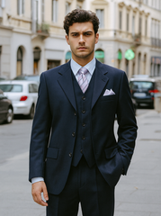 Mens 3 Button Vested Basic Wool Feel Suit in Navy